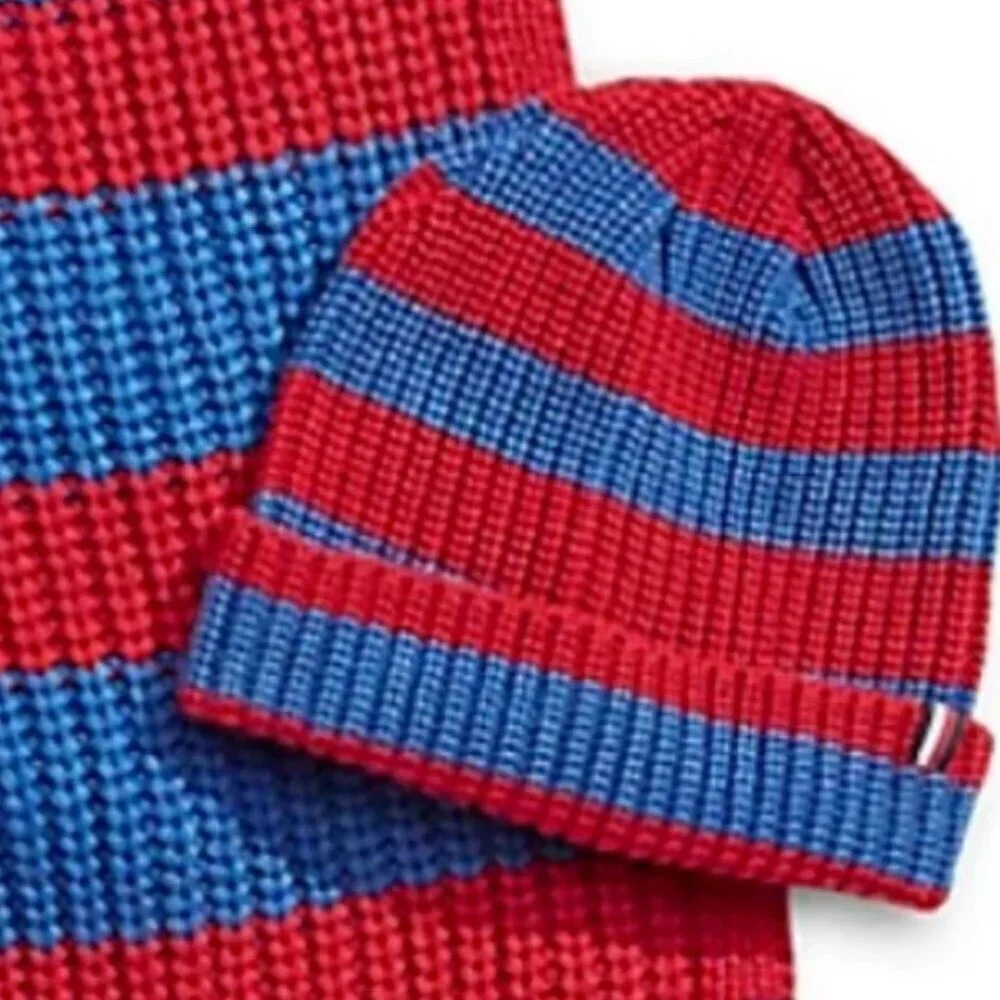 Tommy Hilfiger Scarf Beanie Hat Set Red Rugby Stripe Knit Unisex Toque Roll Up